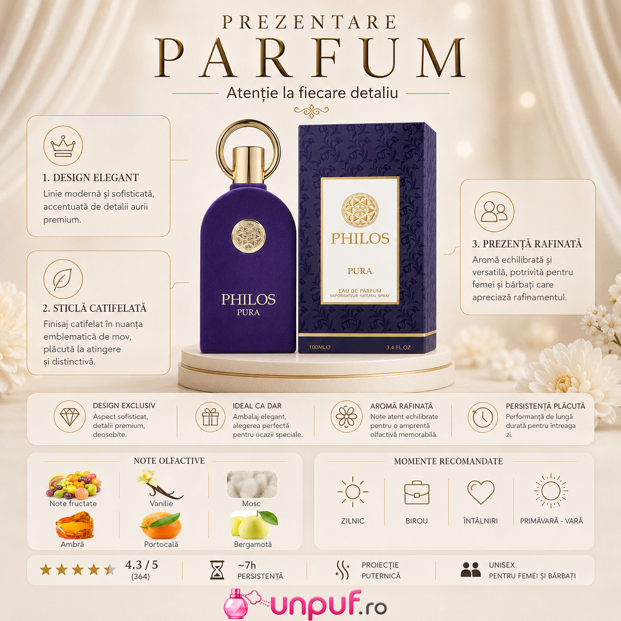 Parfum Arăbesc Maison Alhambra Philos Pura 100 ml unisex, apă de parfum cu design elegant, flacon mov catifelat și cutie premium